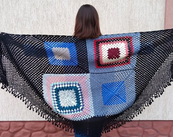 Patchwork scarf, granny square shawl, afghan cape, capelet crochet, triangle shoulder wrap handmade Ready to ship