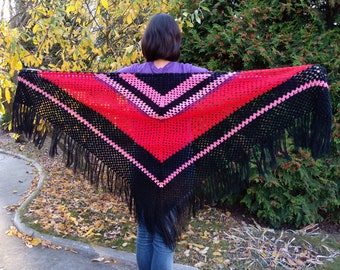 Shawl crochet, triangle shoulder wrap wool tassels hand knitted, large capelet fringes, grandma gift elderly Ready to ship