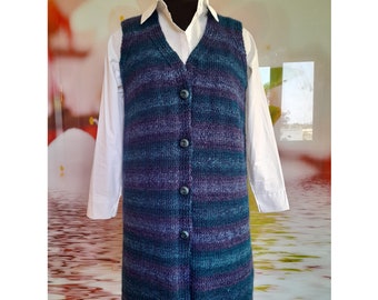 Waistcoat women, knitted vest rainbow, color jacket sleeveless wool handmade, hand knit gilet long sweater Ready to ship