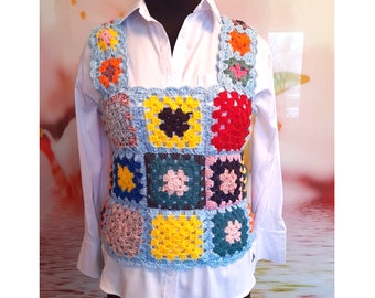 Granny square top, patchwork vest, afghan sweater sleeveless  handmade, Ready to ship
