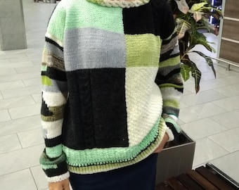 幾何学模様のウールセーター、パッチワークジャンパー、カラフルなプルオーバー秋冬ハンドメイド
