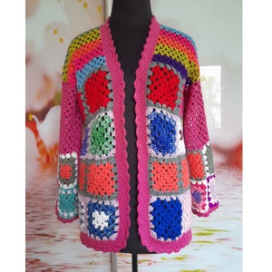 Granny Square Cardigan, Crochet Boho Jacket, Handmade Flower Patchwork Sweater, Retro Style Crochet Outwear