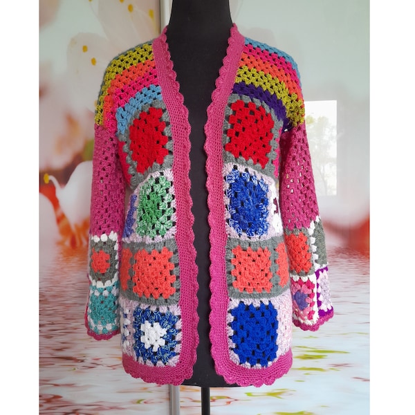 Veste patchwork, cardigan carré grand-mère, manteau bohème hippie arc-en-ciel en laine afghane Prêt à expédier