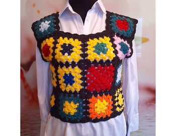 Granny square vest, sunflower gilet, waistcoat hippie, patchwork handmade, Ready to ship