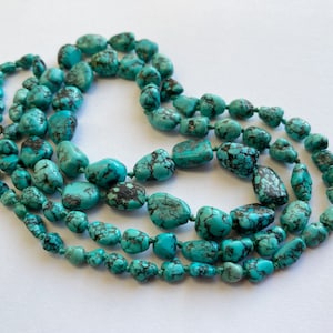 Long Antique Graduated Knotted Turquoise Nugget Bead Necklace - 1920&#39;s - Flapper
