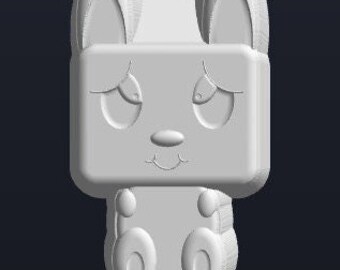 May include: A white, 3D printed figurine of a bunny with large ears, closed eyes, and a small smile. The bunny is sitting with its legs crossed.