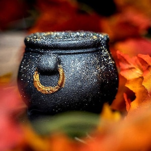 Op de afbeelding: Een kleine zwarte ketel met een gouden handvat, bedekt met glitter, die op een bed van oranje en bruine bladeren ligt.