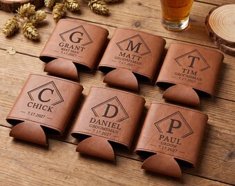 Groomsmen Gift Personalized Can Cooler, Leather Koozie, Custom Engraved Beer Coozie, Wedding Party Favor, Best Man Groom Proposal Set