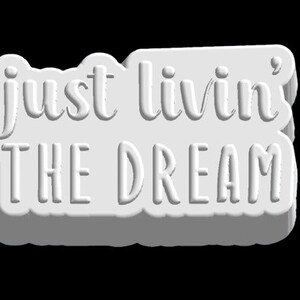 May include: White 3D printed sign with the text "just livin' THE DREAM" in a stylized font.