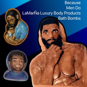 Puede incluir: Tres bombas de ba&ntilde;o con un padre y un hijo, un hombre con barba y un hombre con barba y una expresi&oacute;n pensativa. Las bombas de ba&ntilde;o est&aacute;n hechas con ingredientes naturales y son perfectas para un ba&ntilde;o relajante. El texto en la imagen dice "Because Men Do" y "LaMar&Ntilde;a Luxury Body Products Bath Bombs".