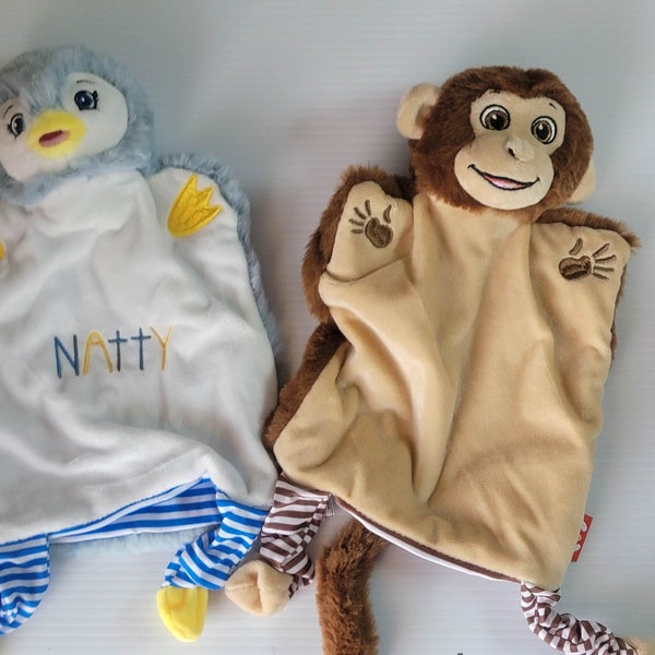 Custom Embroidered Hand Puppet, Personalized Monkey or Penguin Plush Toy