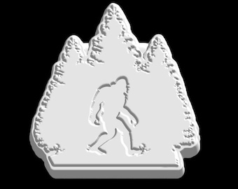 Könnte beinhalten: Weiße Silhouette eines Bigfoots, der durch einen Wald aus Bäumen geht. Das Bild ist im 3D-Stil.