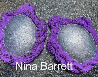 May include: Two silver-colored, round, decorative items with a purple, textured, raised border. The border has small, black dots.