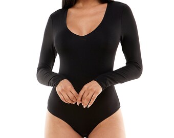 Women's Solid Bodysuit / Long Sleeve V Neck / Double Layer / Leotard Top