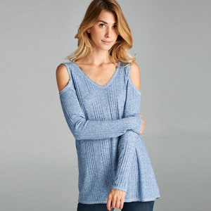 Women&#39;s Ribbed Top / Cold Shoulder Long Sleeve / Raw Edge High Low Hem Top / Casual  Hacci Top