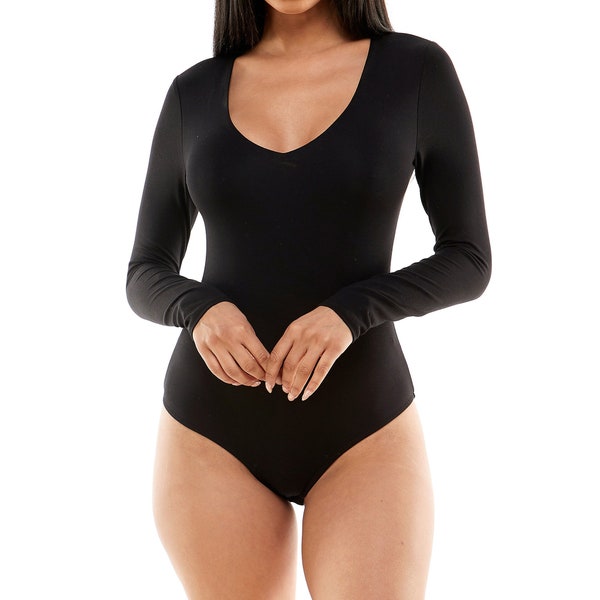 Women's Solid Bodysuit / Long Sleeve V Neck / Double Layer / Leotard Top