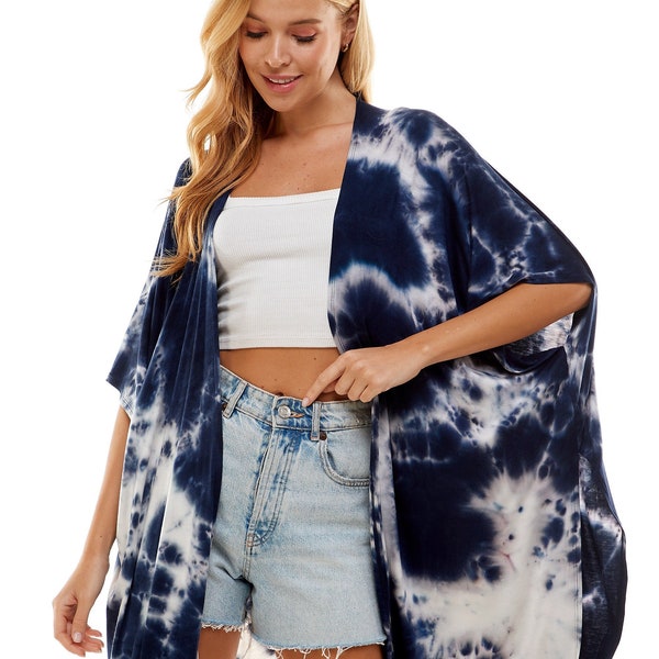 Women's Loose fit Navy Blue Tie Dye Long Cardigan / Kimono / Lightweight / Draped Beach Cover Ups