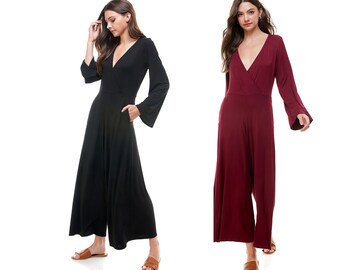Women&#39;s Jumpsuits / Bell Sleeve / V Neck Long Sleeve / Wide Leg / Loungewear / Pockets