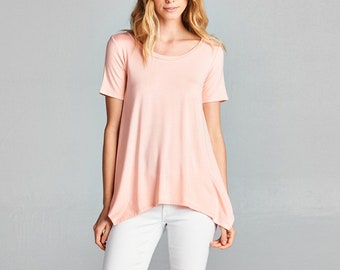 Women's Tops / Solid Casual Short Sleeve Blouse / Asymmetrical Hem / Loose Fit Top