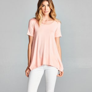 Women's Tops / Solid Casual Short Sleeve Blouse / Asymmetrical Hem / Loose Fit Top