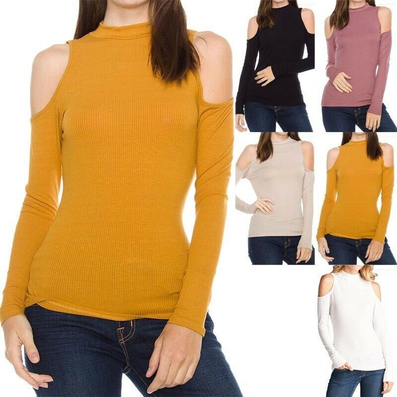 ribbed open shoulder long sleeve tops