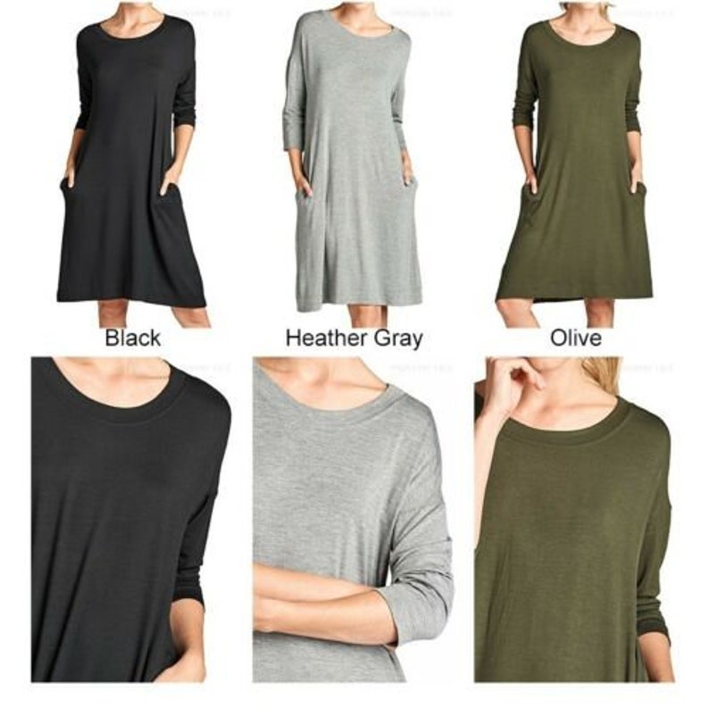 Puede incluir: Tres vestidos casuales de manga larga con bolsillos. Los vestidos se muestran en negro, gris jaspeado y oliva.
