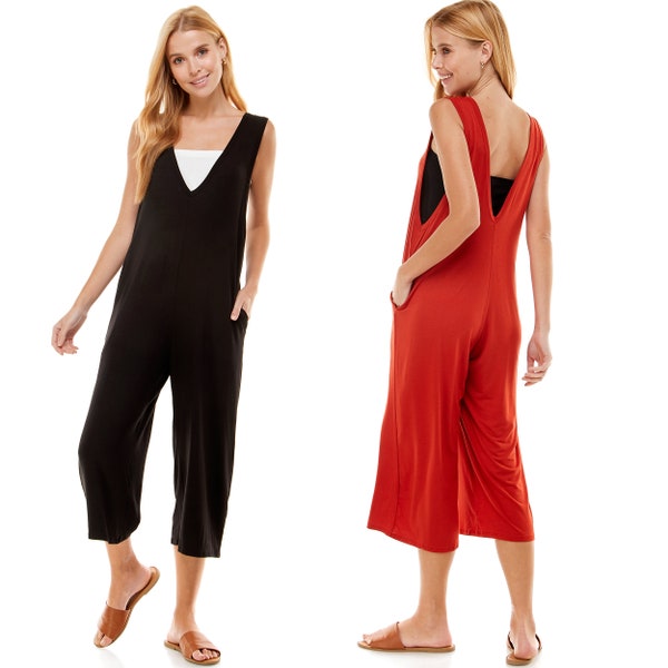 Women's Loose Fit Jumpsuit / Sleeveless Solid Jumpsuit / Loungewear / Casual Jumpsuits / Rompers / V neck