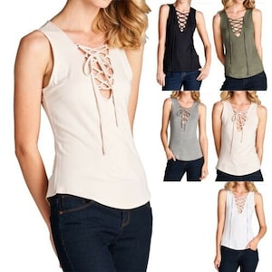 Canotta da donna con lacci sul davanti – Maglietta casual senza maniche con scollo a V