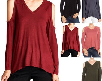 Women's Solid Top/  Long Sleeve Cold Shoulder Top / Shark Bite Hem /  Casual Top