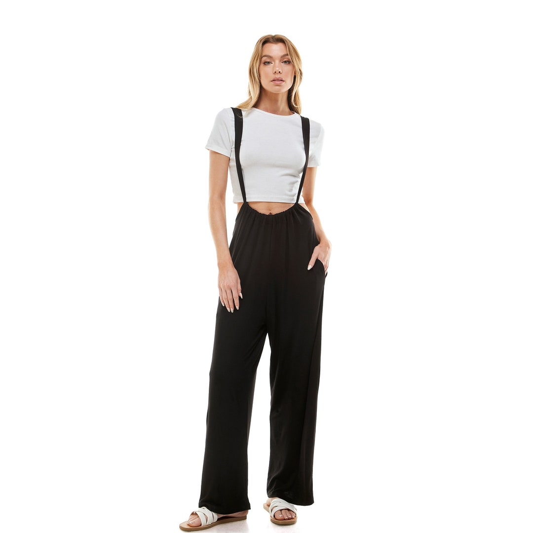 V-neck Suspender Pleated Jumpsuit Solid Color Loose Straight Pants Womens Clothing