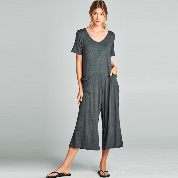 Short sleeve capri clearance jumpsuit