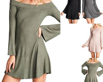 Women's dresses / Off shoulder dress / Solid Bell Long Sleeve / Flare Mini Dress / Casual Dress