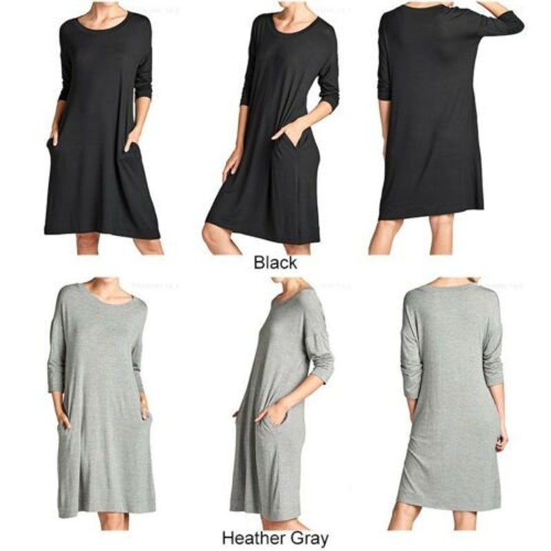 Puede incluir: Dos modelos llevando vestidos casuales de manga larga, hasta la rodilla y con bolsillos. El vestido de la izquierda es gris jaspeado y el vestido de la derecha es negro.