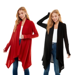 Women's Long Waterfall Cardigan / Lightweight / Butter Soft Hacci Sweater Lining / Knit Draped Cardigans Woman / Thumb Hole Long Sleeve