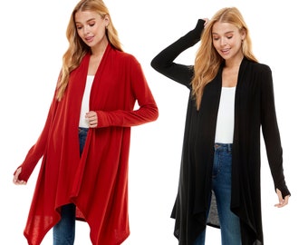 Women's Long Waterfall Cardigan / Lightweight / Butter Soft Hacci Sweater Lining / Knit Draped Cardigans Woman / Thumb Hole Long Sleeve