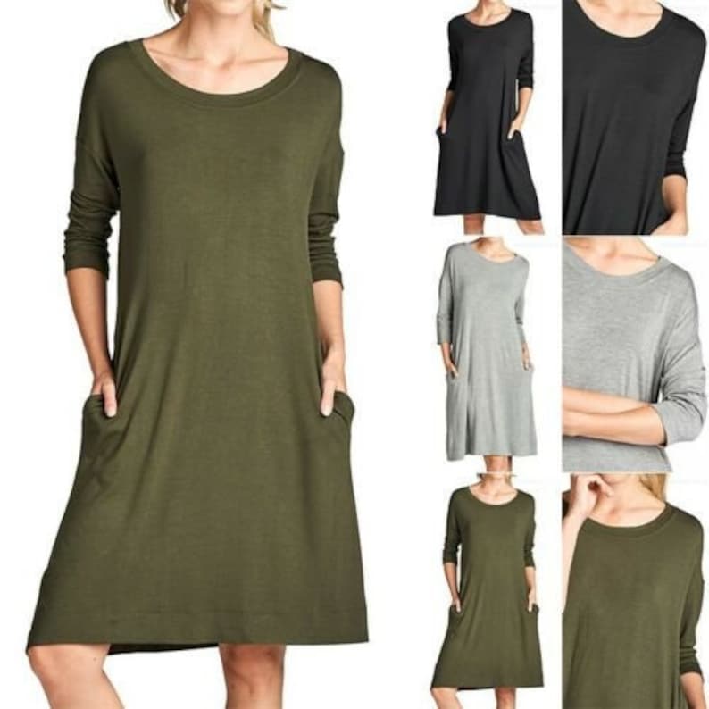Puede incluir: Un vestido largo de manga larga y holgado con bolsillos. El vestido est&aacute; disponible en cinco colores: verde oliva, negro, gris, verde oscuro y verde claro.