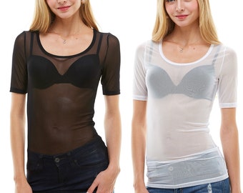 Women's Mesh Top / Short Sleeve Sheer Tops /  See Through Round Scoop Neck Blouse / Sheer Tops