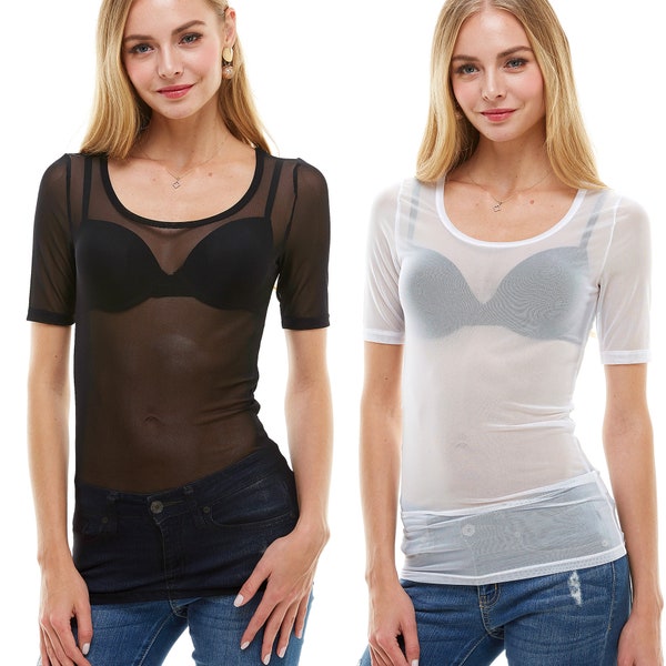 Women's Mesh Top / Short Sleeve Sheer Tops /  See Through Round Scoop Neck Blouse / Sheer Tops
