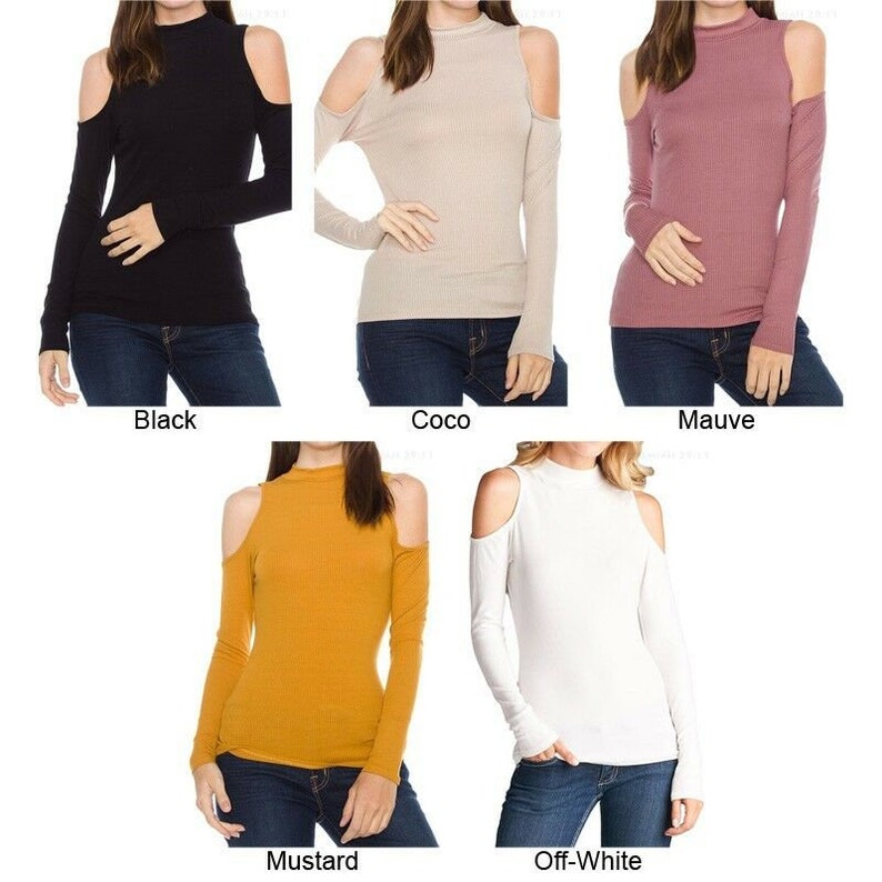 May include: Five long-sleeved shirts with a mock neck and cold shoulder design. The shirts are shown in black, beige, mauve, mustard yellow, and off-white.