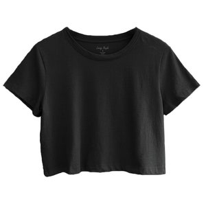 Top corti da donna neri / vestibilità ampia / magliette squadrate / t-shirt da ragazza / top scollo tondo manica corta / cotone tinta unita corto
