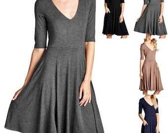 Vestido liso para mujer / Media manga / Cuello en V / Hasta la rodilla / Casual
