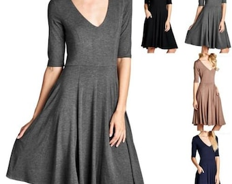 Frauen festes Kleid / halbe Ärmel / Kleid mit V-Ausschnitt / knielang / lässiges Kleid