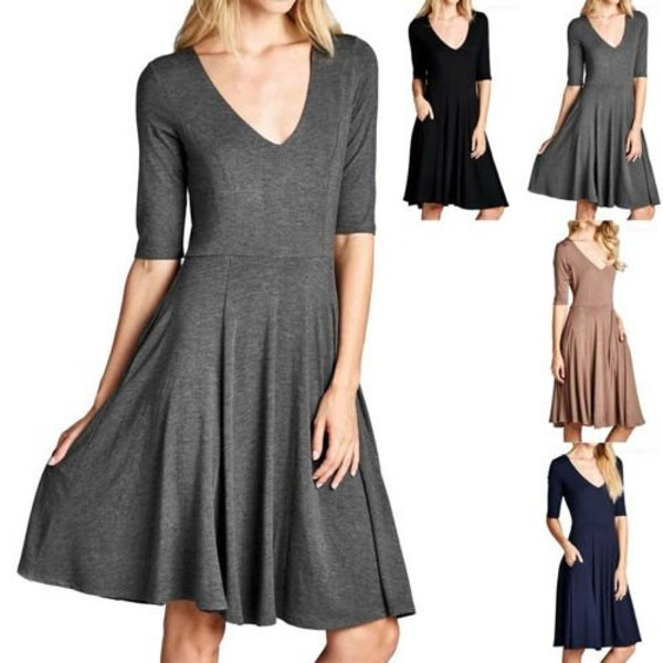 Women's Solid Dress / Half Sleeve / V Neck Dress / Knee Length / Casual Dress