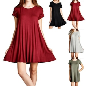 Women&#39;s Solid Dress / Round Neck Short Sleeve / Loose Fit Flared Tunic Dress / Casual Dress / Shirtdress