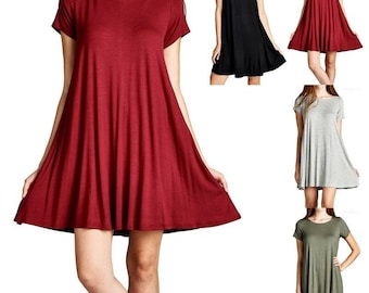 Vestido liso para mujer, cuello redondo, manga corta, holgado, túnica acampanada, informal, camisero