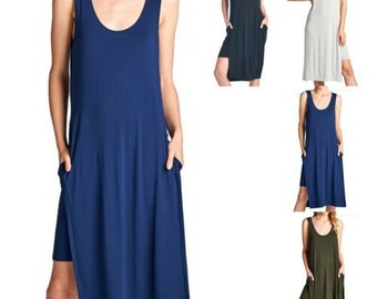 Vestido liso para mujer / Vestido sin mangas de doble capa / Bolsillos laterales y aberturas laterales / Vestido casual