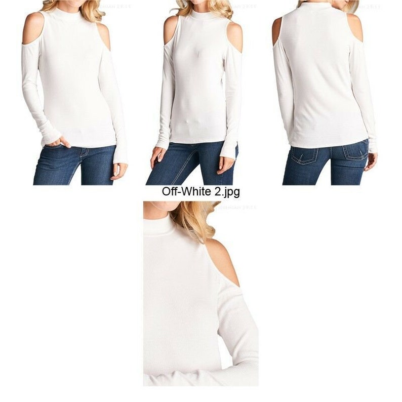May include: A white long-sleeved shirt with a mock neck and cold shoulder detail. The shirt is made of a soft, stretchy fabric.
