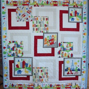 Handmade Quilt set for Twins - Primary colors - Transport Themed Scenes with Friendly Animals - Toddler Nap Time/bed size