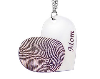 Custom Silver Fingerprint and Name Heart Necklace