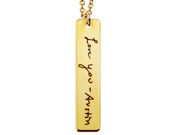 Custom Handwriting Vertical Bar Necklace Gold Plated